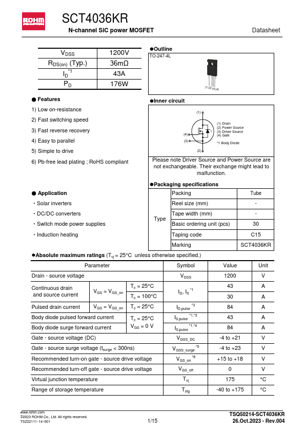 SCT4036KR N-channel SiC power MOSFET by ROHM - Datasheet Preview