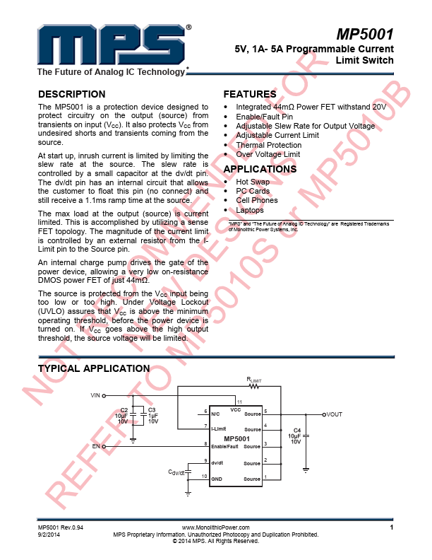 MP5001 5V Programmable Current Limit Switch by MPS - Datasheet Preview