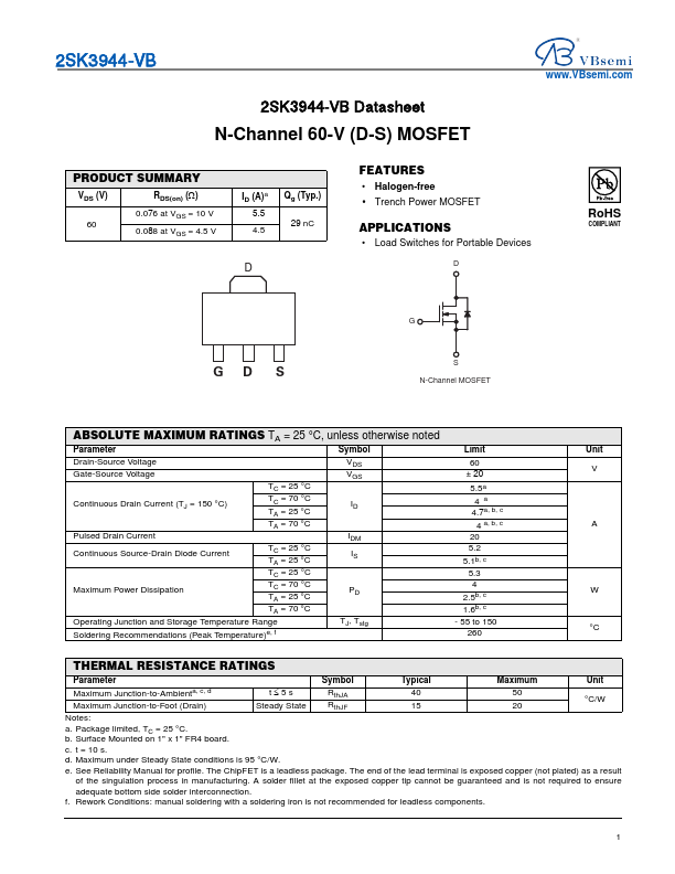 2SK3944 N-Channel 60V MOSFET by VBsemi - Datasheet Preview