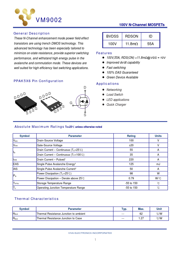 VM9002 100V N-Channel MOSFET by Viva Electronics - Datasheet Preview
