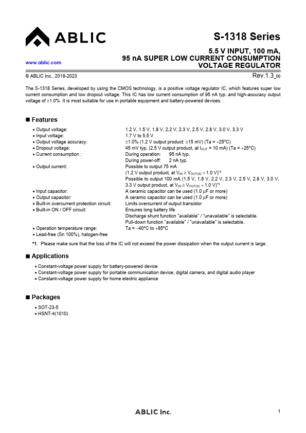S-1318 SUPER LOW CURRENT CONSUMPTION VOLTAGE REGULATOR by ABLIC - Datasheet Preview
