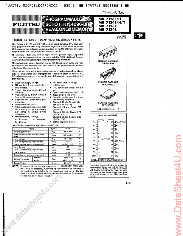 MB7124Y Schottky 4096-Bit Deap PROM by Fujitsu - Datasheet Preview