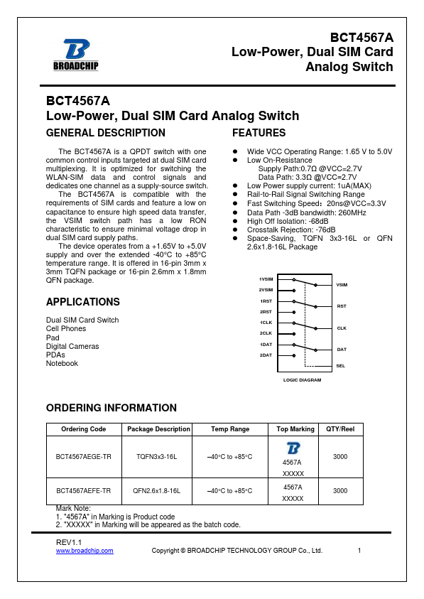 BCT4567A Dual SIM Card Analog Switch by BROADCHIP - Datasheet Preview
