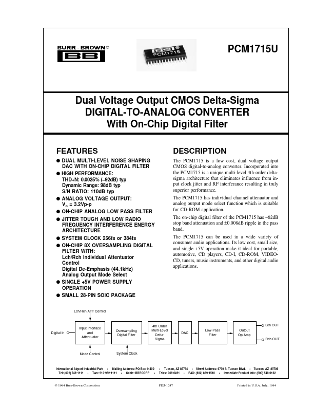 PCM1715U DIGITAL-TO-ANALOG CONVERTER by Burr-Brown - Datasheet Preview