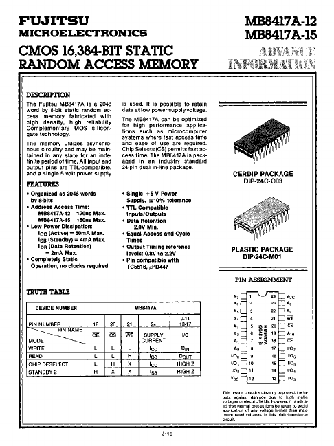 MB8417A-15 CMOS STATIC RANDOM ACCESS MEMORY by Fujitsu - Datasheet Preview
