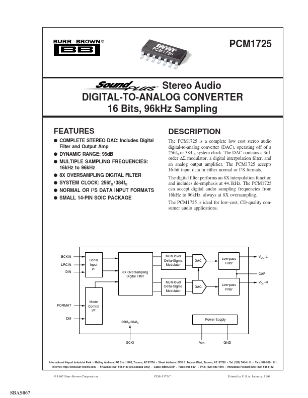 PCM1725 Stereo Audio DIGITAL-TO-ANALOG CONVERTER by Burr-Brown - Datasheet Preview