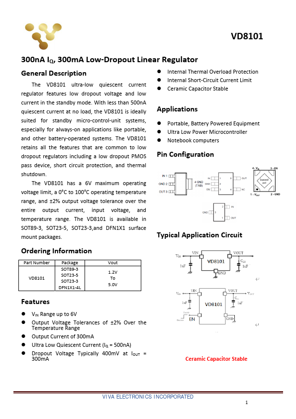 VD8101 300mA Low-Dropout Linear Regulator by Viva Electronics - Datasheet Preview