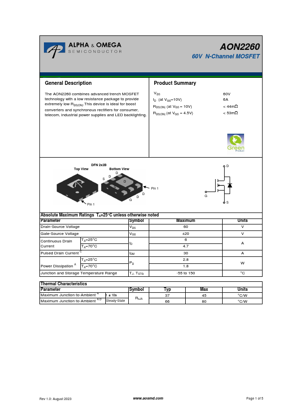 AON2260 60V N-Channel MOSFET by Alpha & Omega Semiconductors - Datasheet Preview