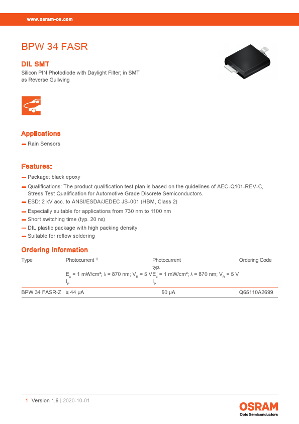 BPW34FASR Silicon PIN Photodiode by OSRAM - Datasheet Preview