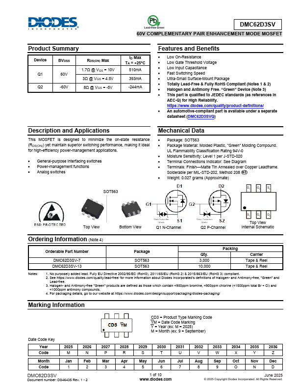 DMC62D3SV 60V COMPLEMENTARY PAIR ENHANCEMENT MODE MOSFET by DIODES - Datasheet Preview