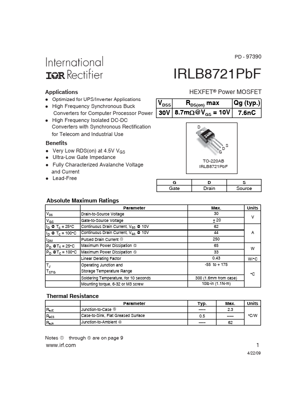 IRLB8721 Datasheet Preview