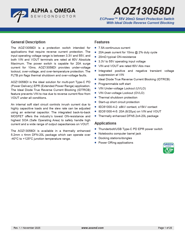 AOZ13058DI 55V Smart Protection Switch by Alpha & Omega Semiconductors - Datasheet Preview