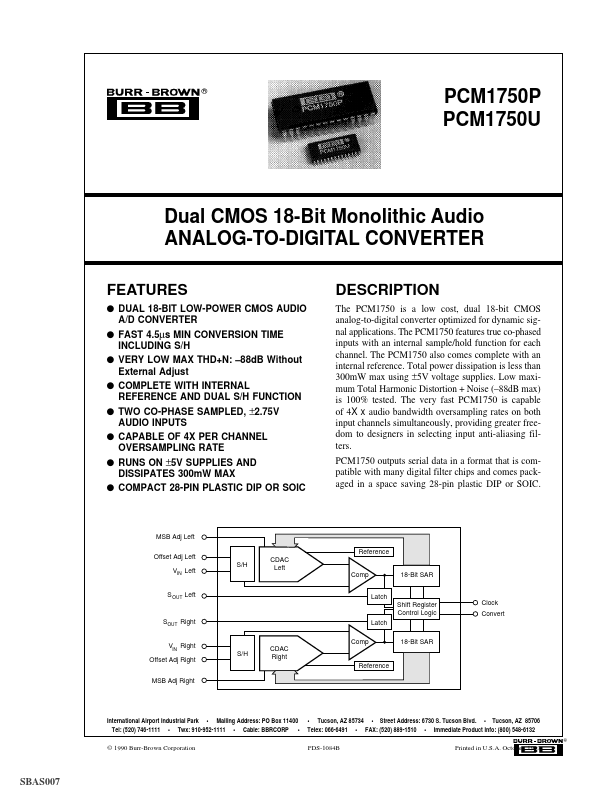 PCM1750U Dual CMOS 18-Bit Monolithic Audio ANALOG-TO-DIGITAL CONVERTER by Burr-Brown - Datasheet Preview