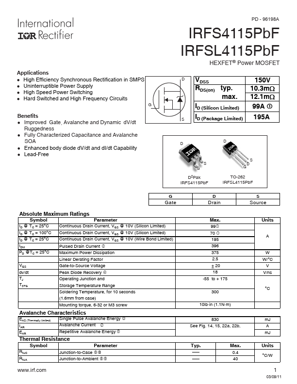 IRFS4115 Power MOSFET by International Rectifier - Datasheet Preview