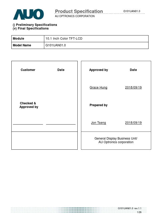 G101UAN01.0 Datasheet Preview