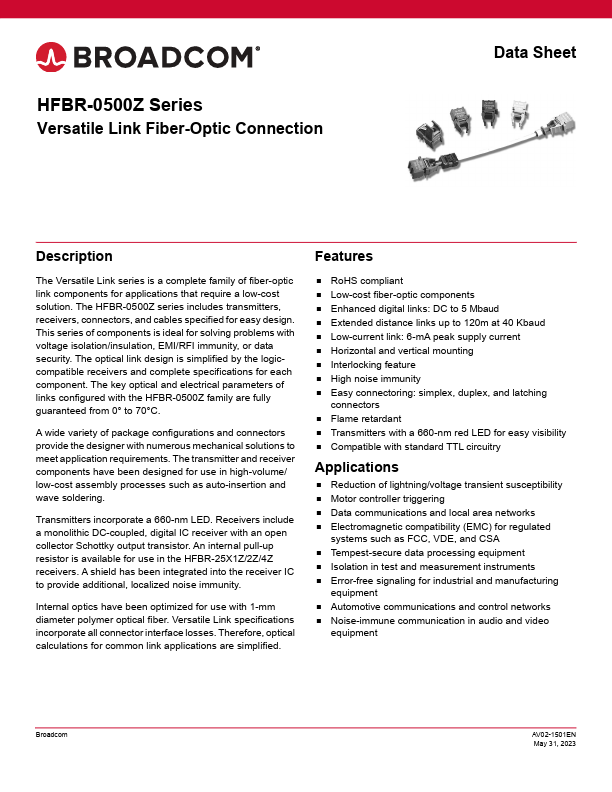 HFBR-1524Z Versatile Link Fiber-Optic Connection by Broadcom - Datasheet Preview
