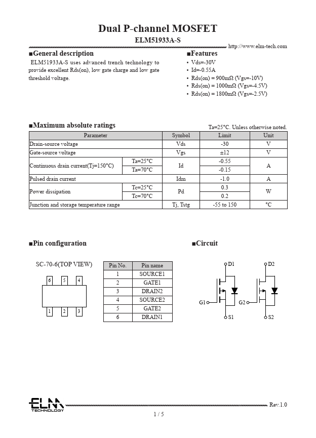 ELM51933A-S Dual P-channel MOSFET by ELM - Datasheet Preview