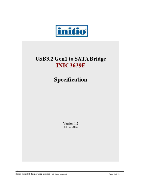 INIC3639F USB3.2 Gen1 to SATA Bridge by initio - Datasheet Preview