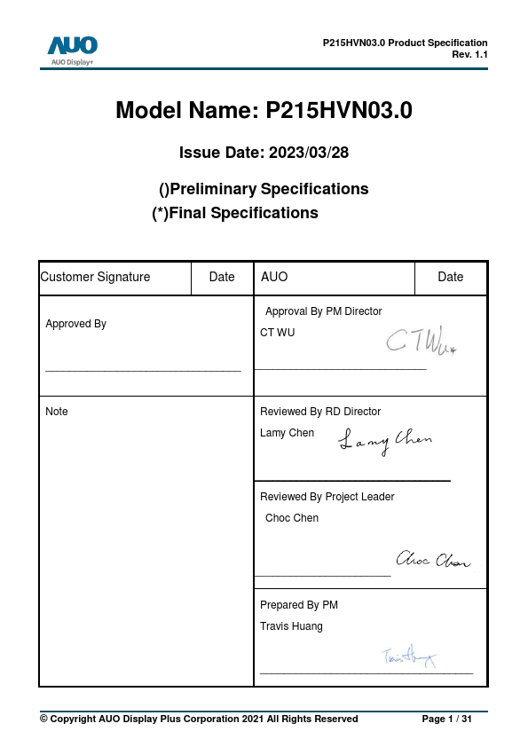 P215HVN03.0 Datasheet Preview