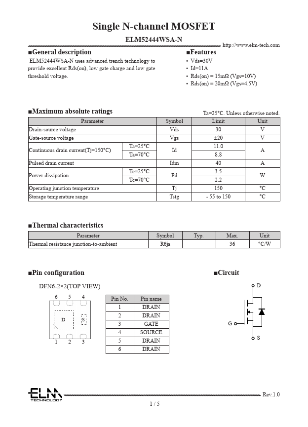ELM52444WSA-N Single N-channel MOSFET by ELM - Datasheet Preview