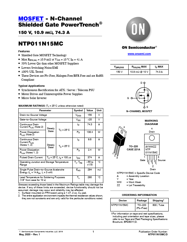 NTP011N15MC Datasheet Preview