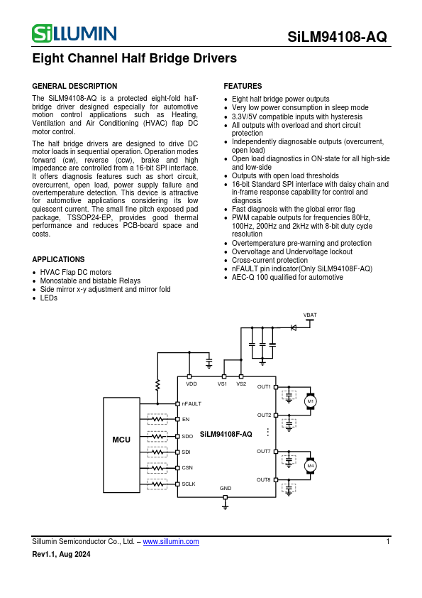 SiLM94108-AQ Eight Channel Half Bridge Drivers by Sillumin - Datasheet Preview