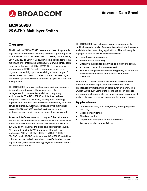 BCM56990 25.6-Tb/s Multilayer Switch by Broadcom - Datasheet Preview