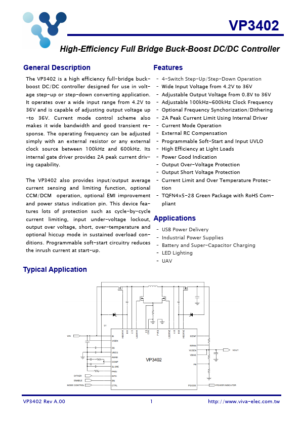 VP3402 High-Efficiency Full Bridge Buck-Boost DC/DC Controller by Viva Electronics - Datasheet Preview