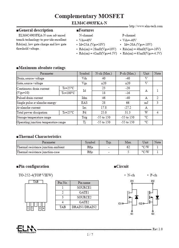 ELM4C4903FKA-N Complementary MOSFET by ELM - Datasheet Preview