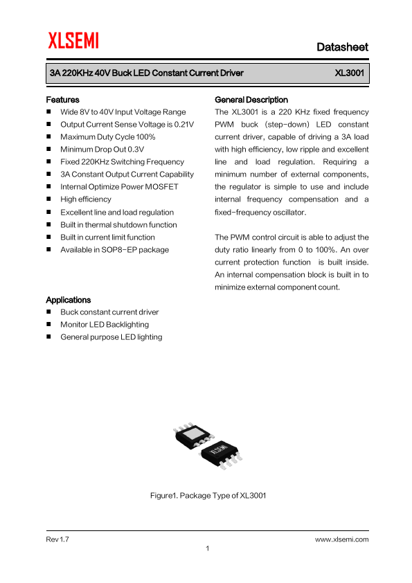 XL3001 3A 220KHz 40V Buck LED Constant Current Driver by XLSEMI - Datasheet Preview