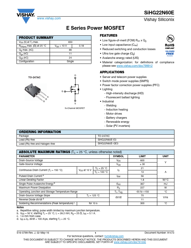 SIHG22N60E