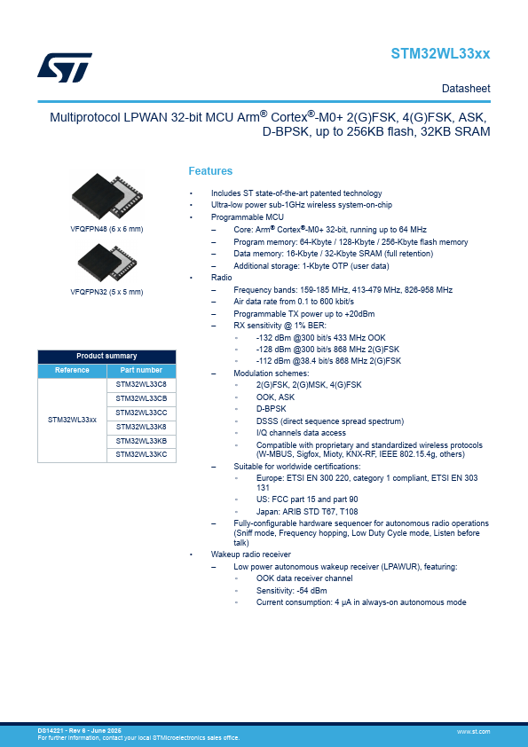 STM32WL33K8 datasheet page 1 preview