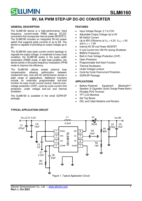 SLM6160 9V 6A PWM STEP-UP DC-DC CONVERTER by Sillumin - Datasheet Preview