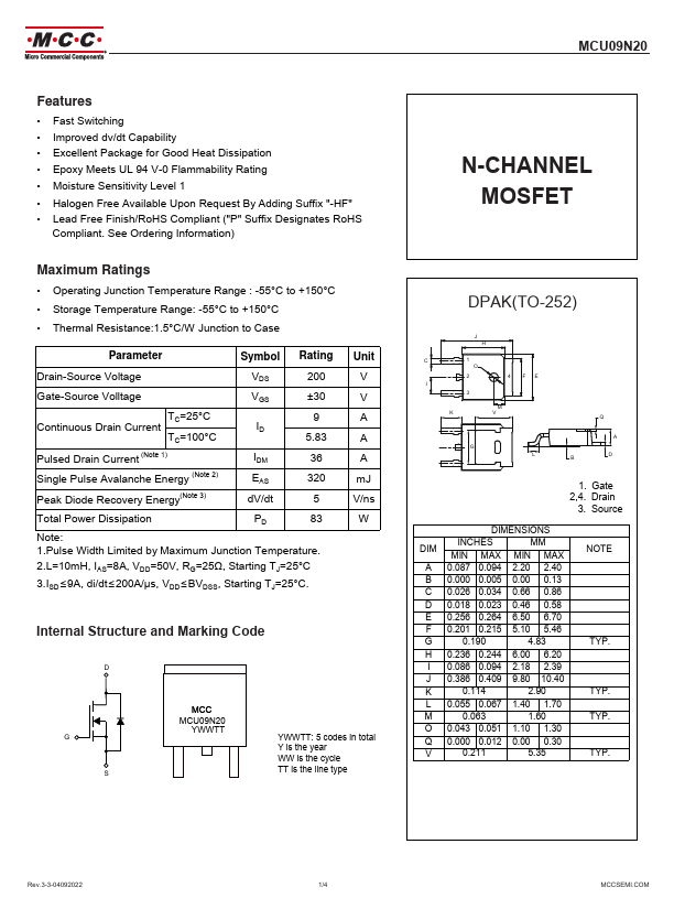 MCU09N20 N-CHANNEL MOSFET by MCC - Datasheet Preview