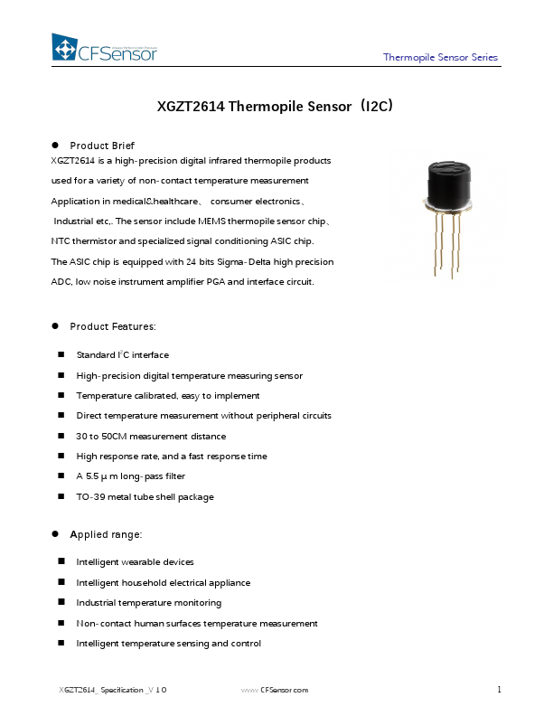 XGZT2614 Thermopile Sensor by CFSensor - Datasheet Preview