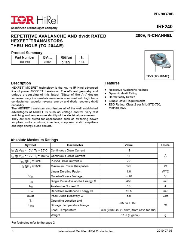 IRF240 Datasheet Preview