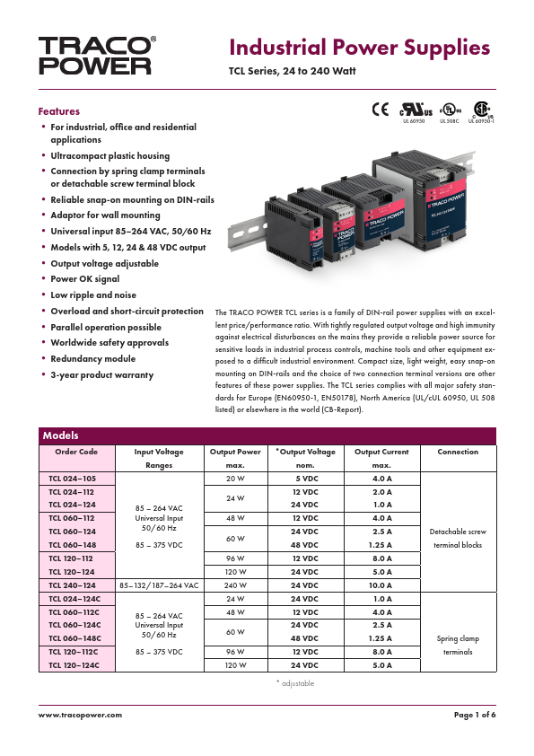 TCL060-112 Industrial Power Supplies by TRACO POWER - Datasheet Preview