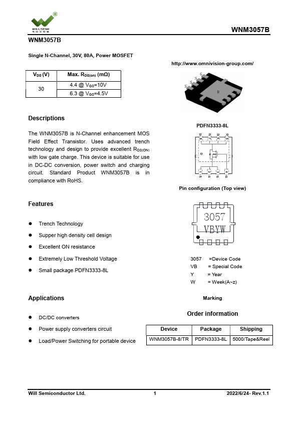 WNM3057B Single N-Channel 30V 80A Power MOSFET by WillSEMI - Datasheet Preview