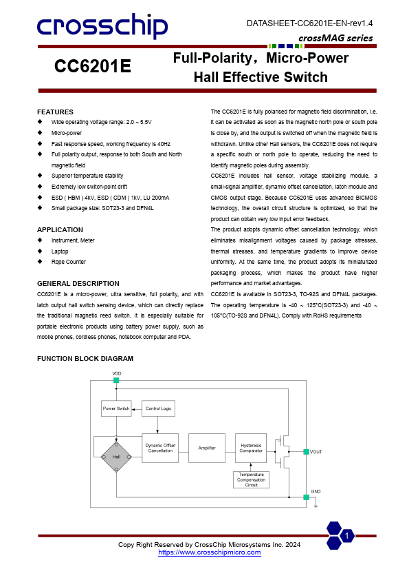 CC6201E Full-Polarity Micro-Power Hall Effective Switch by CrossChip - Datasheet Preview