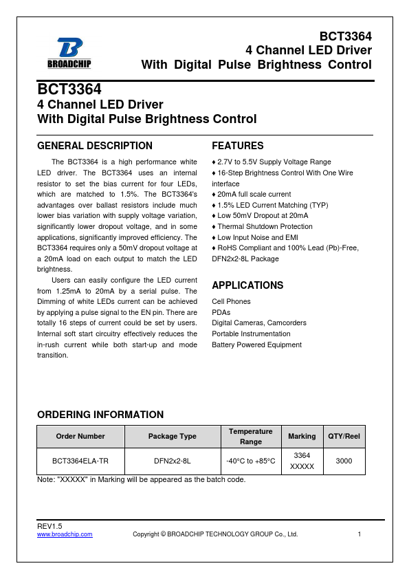 BCT3364 4-Channel LED Driver by BROADCHIP - Datasheet Preview
