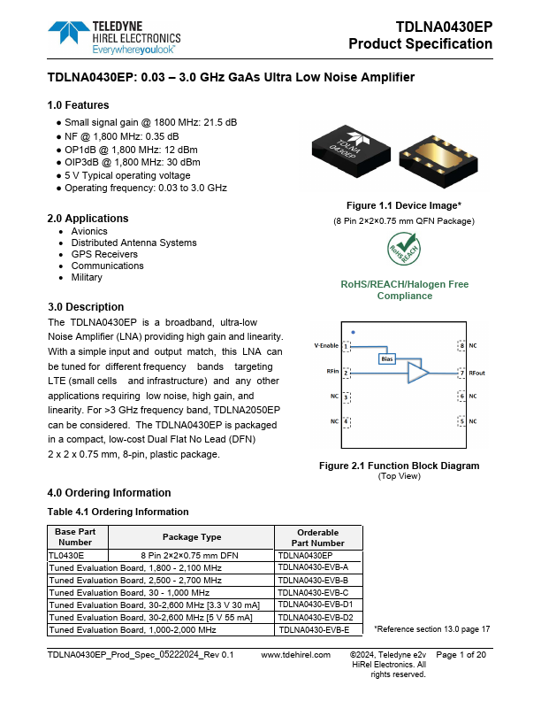 TDLNA0430EP GaAs Ultra Low Noise Amplifier by TELEDYNE - Datasheet Preview