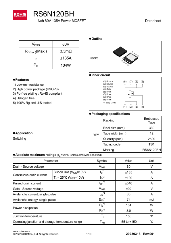 RS6N120BH Nch 80V 135A Power MOSFET by ROHM - Datasheet Preview