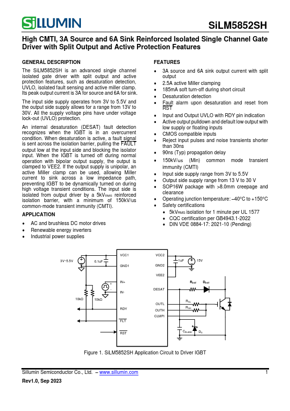 SiLM5852SH 3A Source and 6A Sink Reinforced Isolated Single Channel Gate Driver by Sillumin - Datasheet Preview