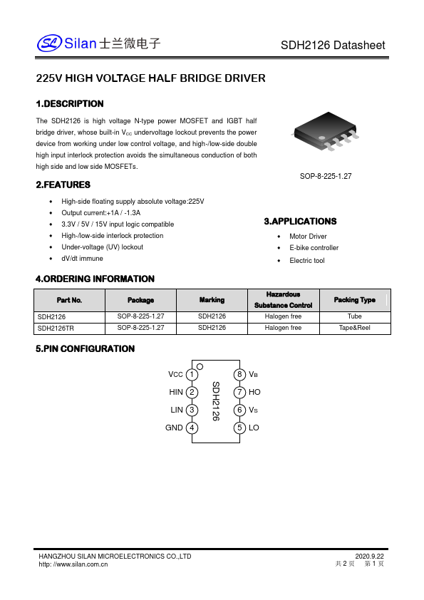 SDH2126 225V HIGH VOLTAGE HALF BRIDGE DRIVER by Silan Microelectronics - Datasheet Preview