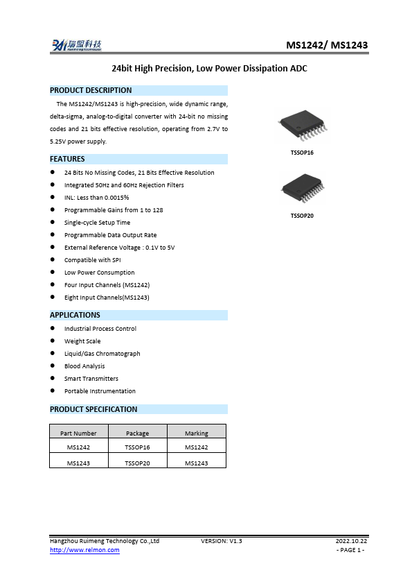 MS1243 24bit High Precision Low Power Dissipation ADC by Ruimeng - Datasheet Preview