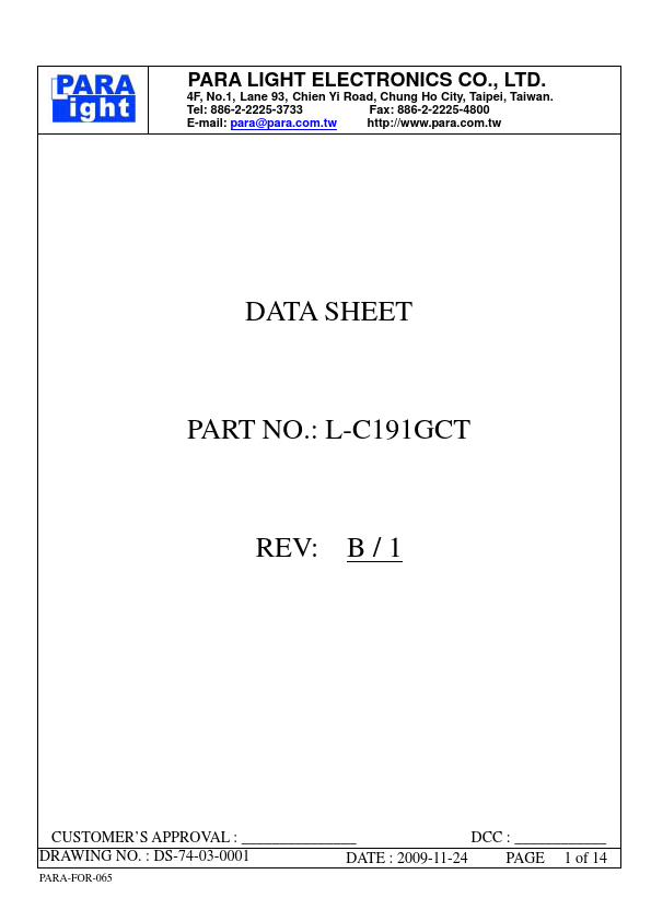 L-C191GCT SURFACE MOUNT DEVICE LED by PARA LIGHT - Datasheet Preview