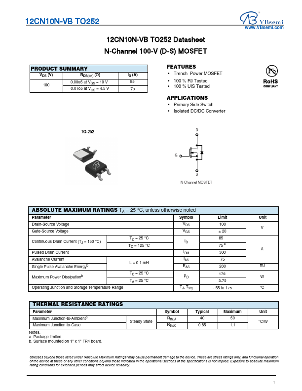 12CN10N N-Channel 100V MOSFET by VBsemi - Datasheet Preview