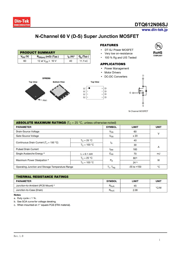 DTQ612N06SJ 60V N-Channel MOSFET by Din-Tek - Datasheet Preview