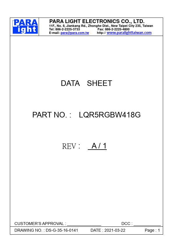 LQR5RGBW418G DIA LED LAMP by PARA LIGHT - Datasheet Preview