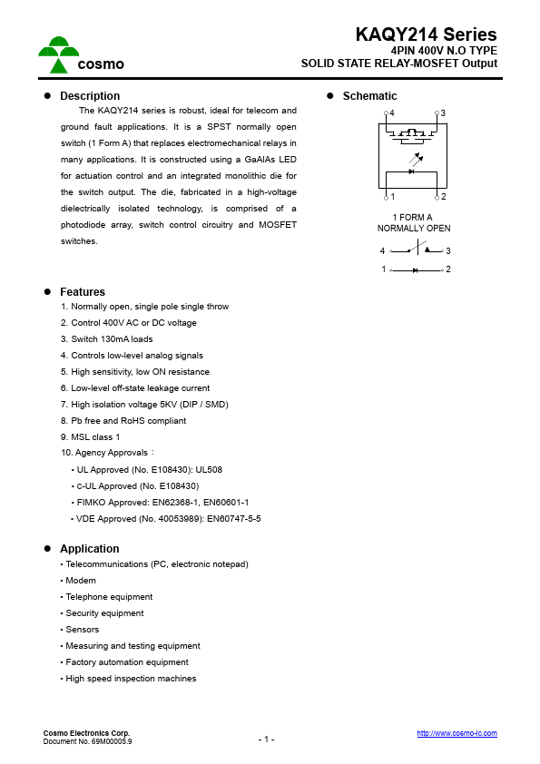 KAQY214 SOLID STATE RELAY by Cosmo - Datasheet Preview
